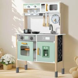 Uiirvdy Play Kitchen Wooden Kids Kitchen Playset Pretending Toys for Toddlers with Real Lights & Sounds, 3 Heights Adjustable, Chalkboard, 35Pcs Toy F