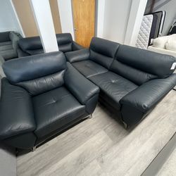 Blue Cadence Top Grain Leather 3pc Living Room Set