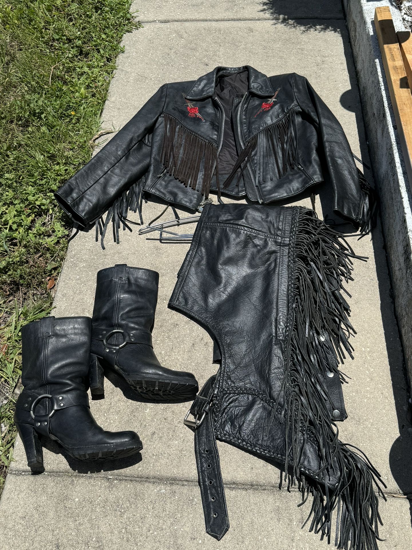 Vintage leather biker rose jacket, chaps, harley-davidson boots, dingo boots, womens