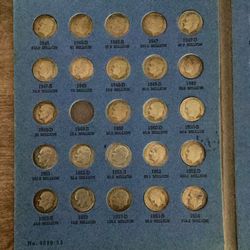 55 Silver Roosevelt Dimes in a Whitman Folder   90% Silver