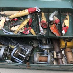 Antique Metal Tackle Box with Old Wood Lures,AntiQue reels and some Duck Calls.