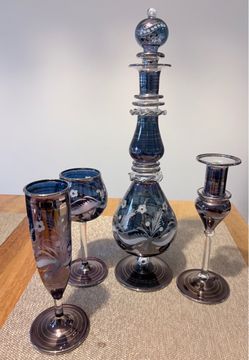 Blue Glass Decanter Set with Etched Floral Design