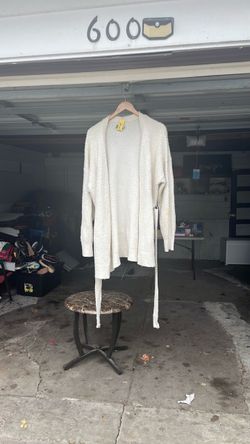 Cream Knit Open-Front Cardigan with Belt