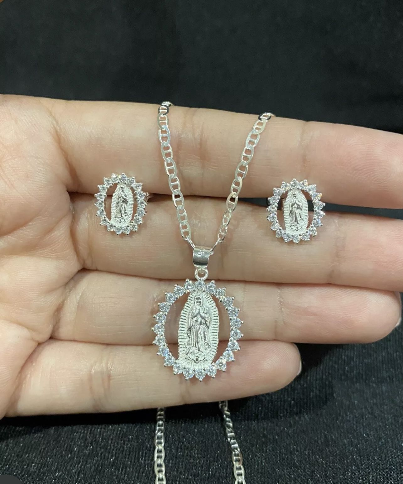 .925 Sterling Silver Virgin Guadalupe CZ Pendant Mariner Necklace & Earrings SET
