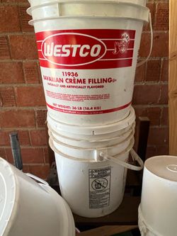 Multiple White Buckets Tools containers