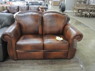 Leather Italia Arizona Cognac Roll-Arm Leather Loveseat with Nailhead