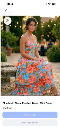 Blue Multi Floral Pleated Tiered Midi Dress