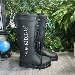 Off-White Womens Sz 36 For Riding Rain Boots Black Rubber Lace Up Tall Knee High