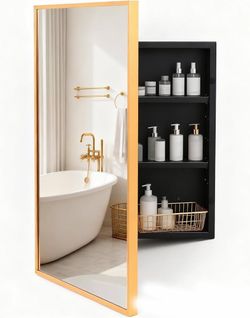 Brushed Gold Metal Medicine Cabinet Right-Angled Rectangle-Design,Bathroom Mirror with Storage, Recessed or Surface Mounted, 2 Adjustable Metal Shelve