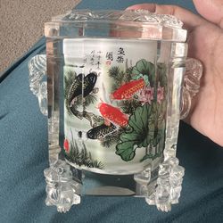Signed Inside Painted Chinese Crystal Vase Koi Snuff Bottle