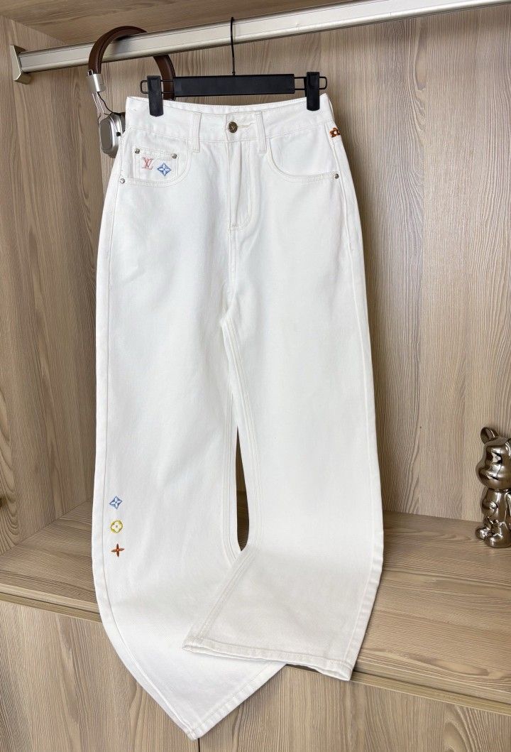 Louis Vuitton new rainbow LV embroidered letters white denim straight pants 30