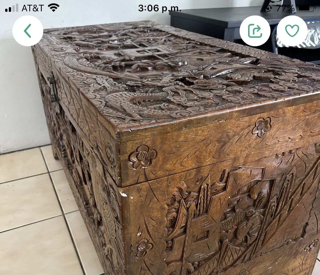 Antique Chest Trunk Chanese Camphor Wood Carved (best Offer)
