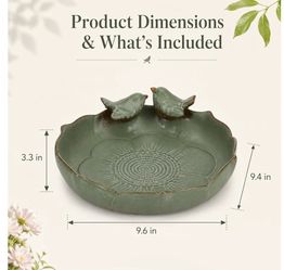 Ceramic Bird Bath Bowl with Lotus Leaf Design, 9.4 in, 3.3 in Deep|Songbird Rim Accents, Sunflower Pattern, Natural Green Finish, Easy-Clean Construct