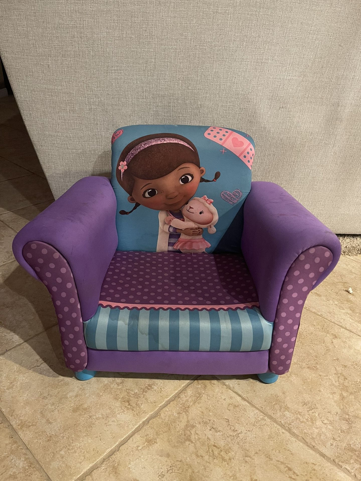 Kids, Toddler, children’s upholstered couch chair - doc mcstuffins- Disney   Has a tiny tear in fabric  We have lots of baby stuff that is not posted