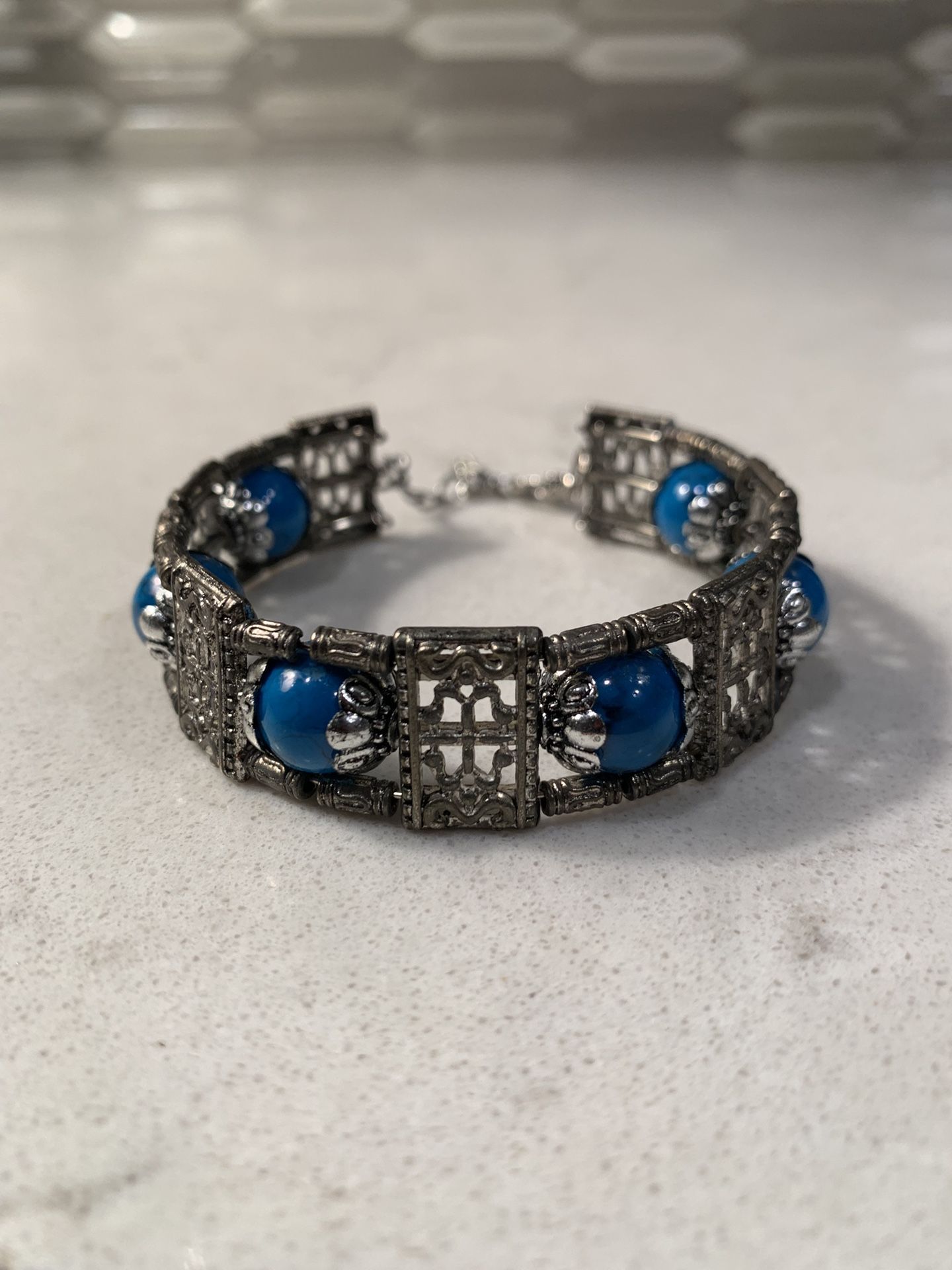 Silver Tone Adjustable Cuff Style Glass Turquoise Bead Bracelet 6 1/2”