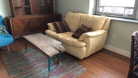 Cream Leather Love Seat 