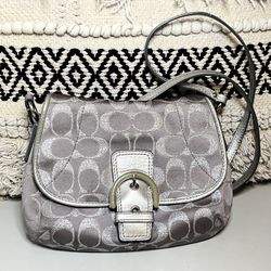 Coach Signature C Taupe & Silver Jacquard Crossbody Small Swing Bag