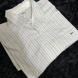 Lacoste Shirt Mens 42” L” Striped Long Sleeve Logo Casual 100% Cotton