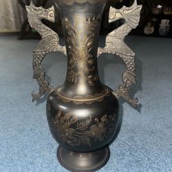 Vintage patinated bronze 2 handled  dragon vase