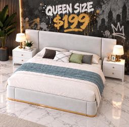 Queen Size Gray Canary Modern Upholstered Platform Bed Frame.