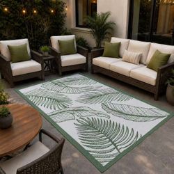 NEW 5X8 Feet Tropical Botanical Leaf Pattern Polypropylene Webbing Outdoor Floor Mat UV And Water Resistant Easy To Clean Reversible Green,