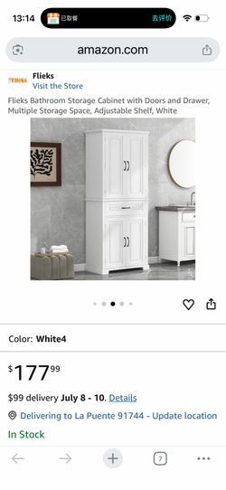 Flieks Bathroom Storage Cabinet with Doors and Drawer, Multiple Storage Space, Adjustable Shelf, White