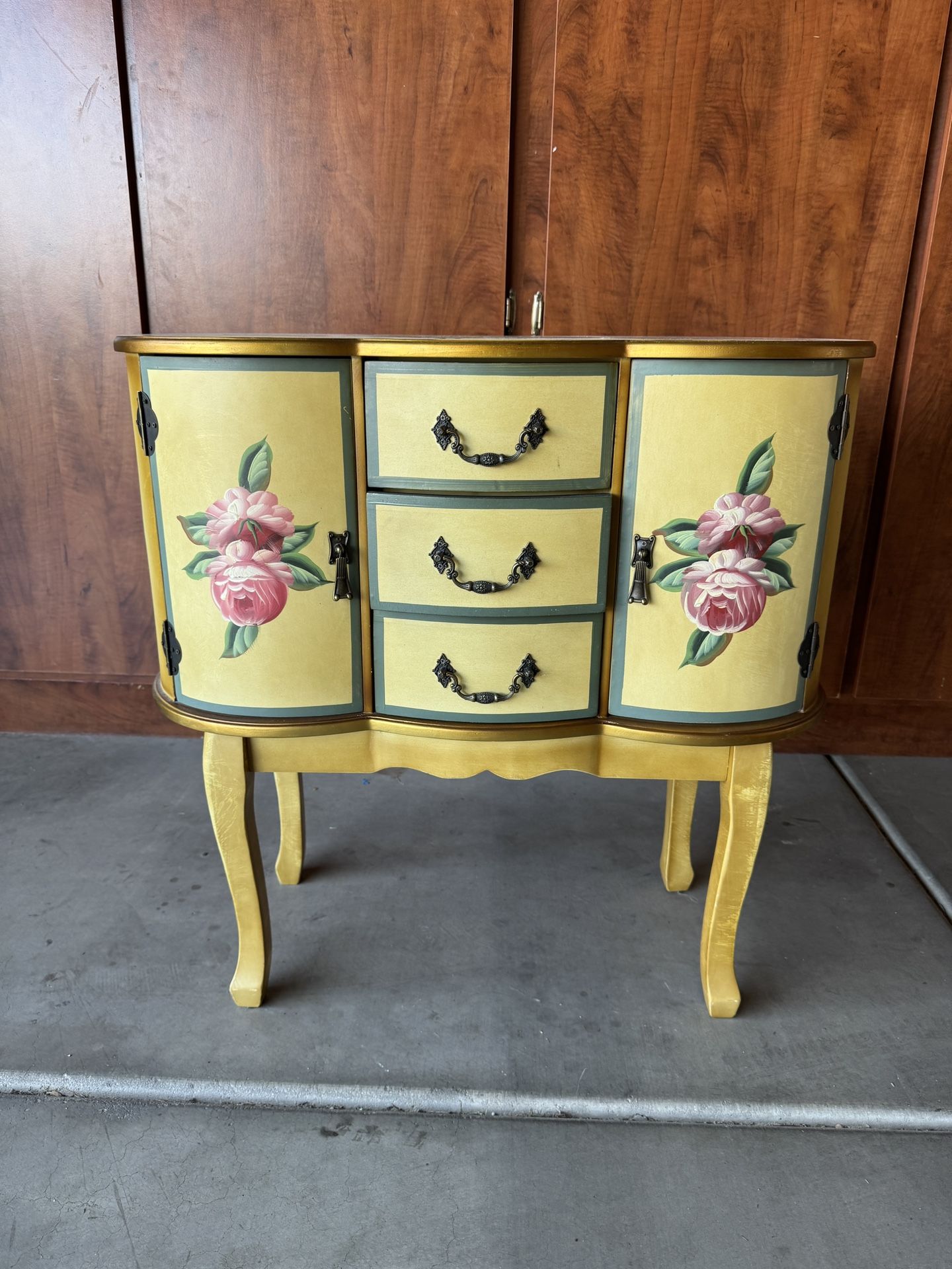 Vintage Hand-Painted Floral Accent Cabinet – $100