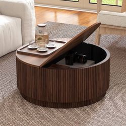 31.5" Fluted Round Coffee Table with Flip Top and Hidden Compartments Storage for Living Room, Walnut