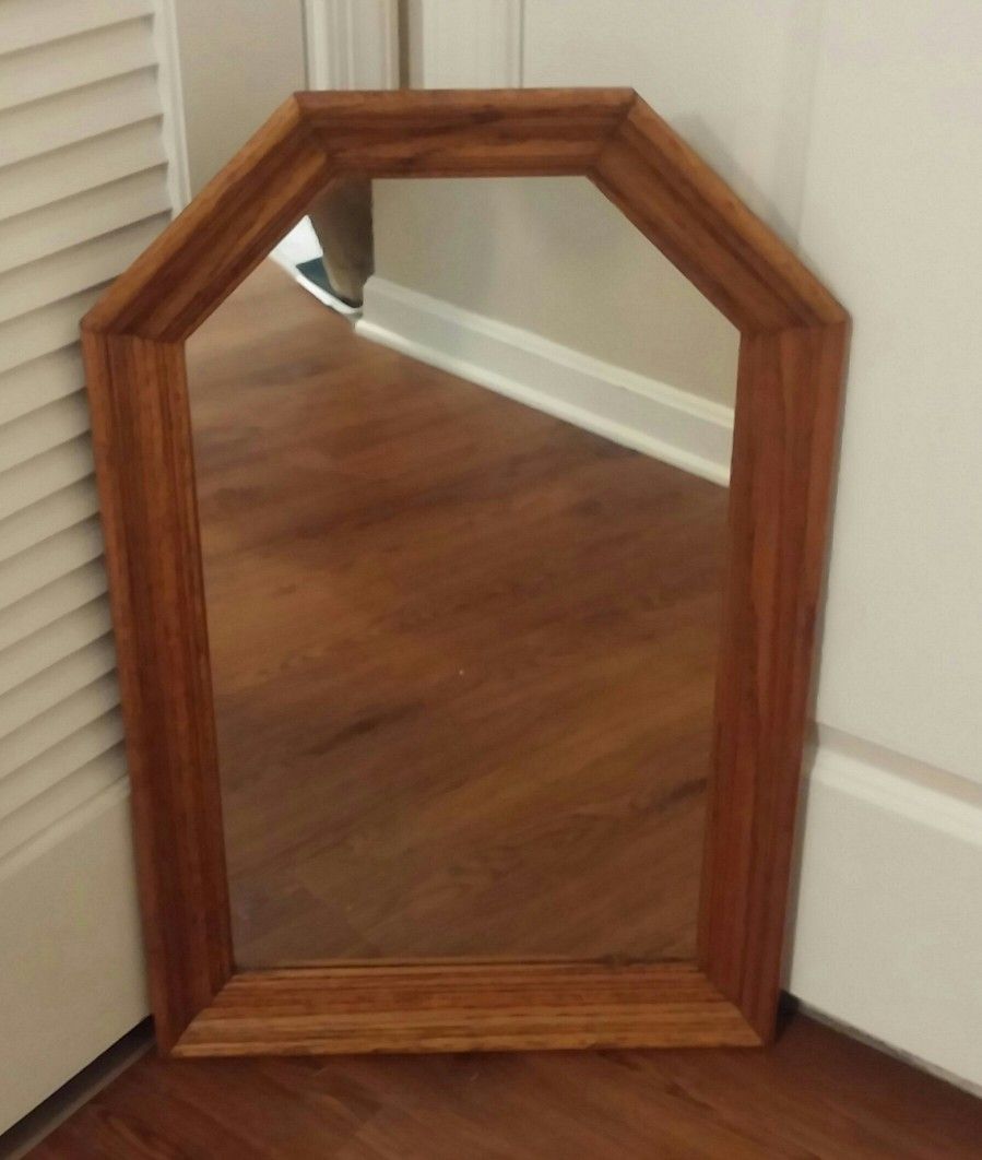 Large Hexagon Red Oak Wooden Wall Mirror
