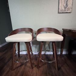 Set of 2 Swivel Bar Stools 26” High Barstools Cream and Wood - New
