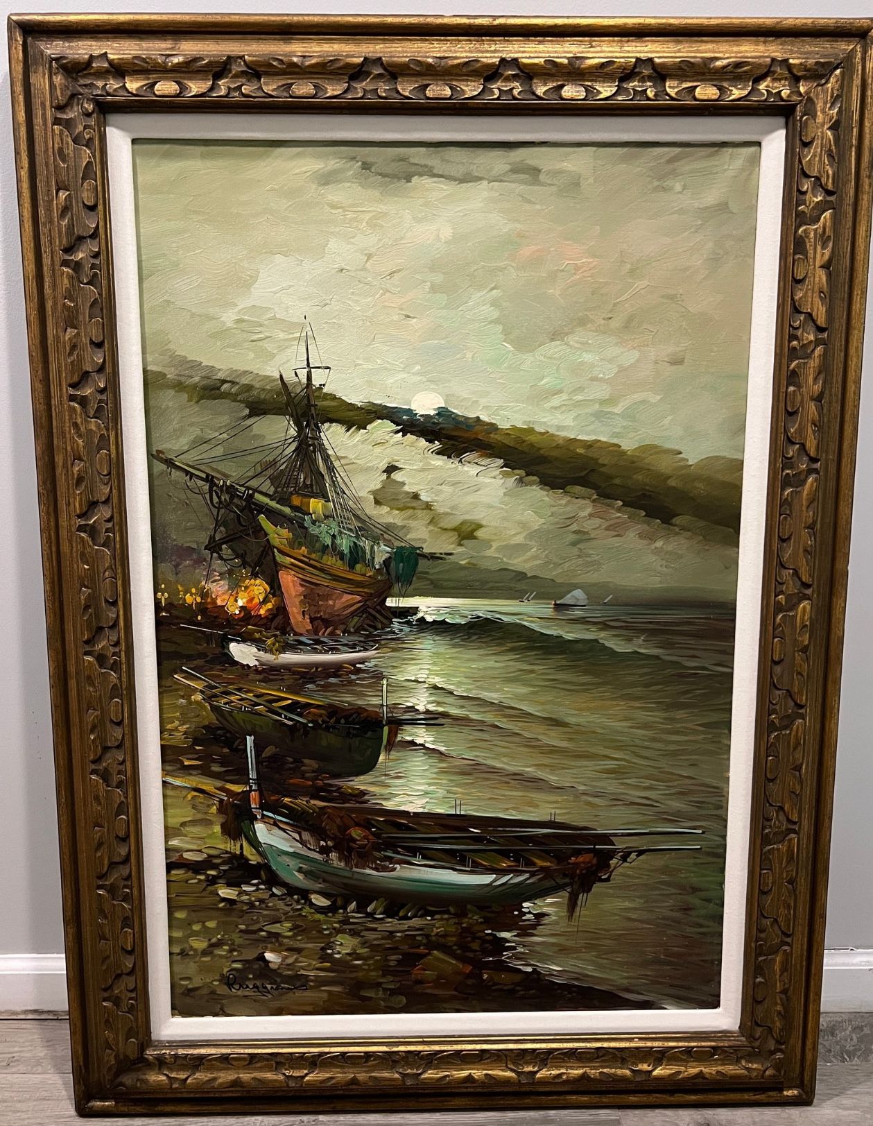 BEAUTIFULLY FRAMED AND PAINTED VINTAGE RUGGIAUS SIGNED OIL PAINTING NAUTICAL SHIPWRECK