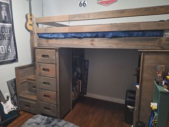 Twin loft bed set with desk, drawers and book shelf