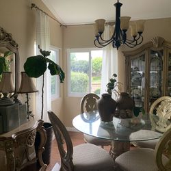 Dinning table & chairs, china cabinet, accent half table with frame mirror