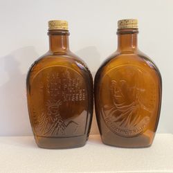 Lot 2 Amber Glass Log Cabin Syrup Bottles 1976 Bicentennial Collectible