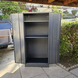 Tall Metal Storage Cabinet, No Key, Shelves Have Minor Surface But Covered With Mats, Good Condition,  One Extra Shelf Not Shown
