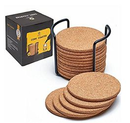 NEW! Natural Cork Coasters With Round Edge 4” 16pc Set with Metal Holder Storage Caddy – 1/5” Thick, Absorbent, Eco-Friendly, Heat-Resistant,