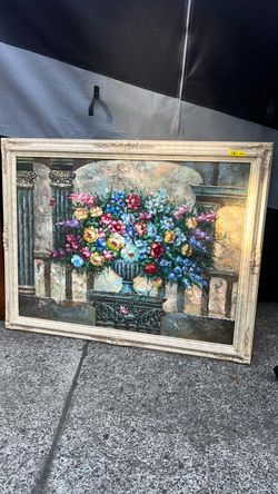 Framed Floral Oil Painting on Canvas. 55” W. 44” T