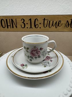 3 Piece Staffordshire tea cup and  saucer set, known as the "Rose Mist" 