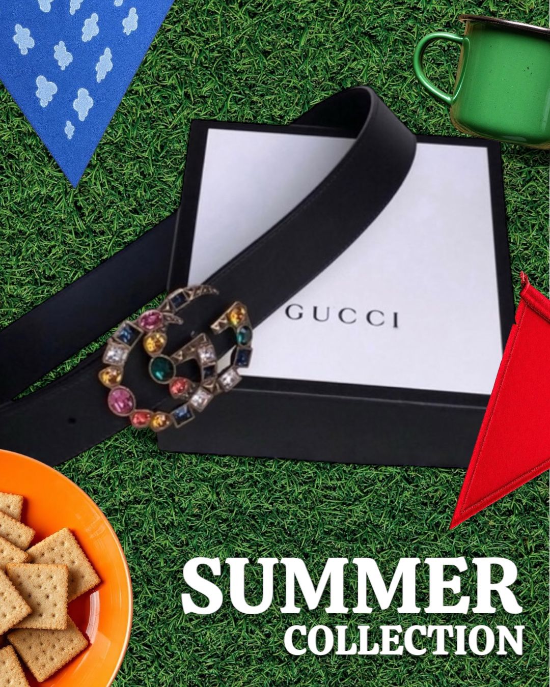 Double G Leather Crystal Logo Leather Waist Belt