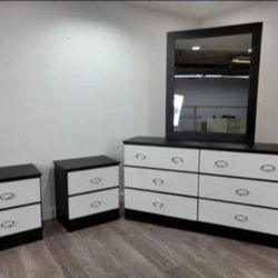 DRESSER WITH MIRROR AND TWO NIGHTSTANDS 