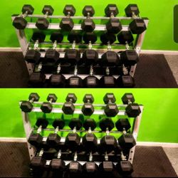 ROGUE 10-50LB RUBBER HEX DUMBBELLS WEIGHTS & 3 TIER DUMBBELL RACK