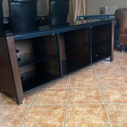 65 Inch Tv stand For55/60/70 Inch TV With Top Glass And 5 Storage Cubby And Center And Power Outlets 