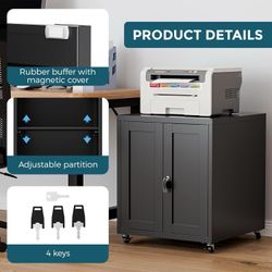 Large Printer Stand with Storage and Lock, 3D Heavy-Duty Printer Cabinet, Printer Table for Home Office with Doors and Adjustable Shelves, for Office 