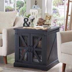 Farmhouse End Table, 24" Large Sofa Side Table with Charging Station, Mesh Barn Door, and Adjustable Storage Shelf, Rustic Wood Square Nightstand for 