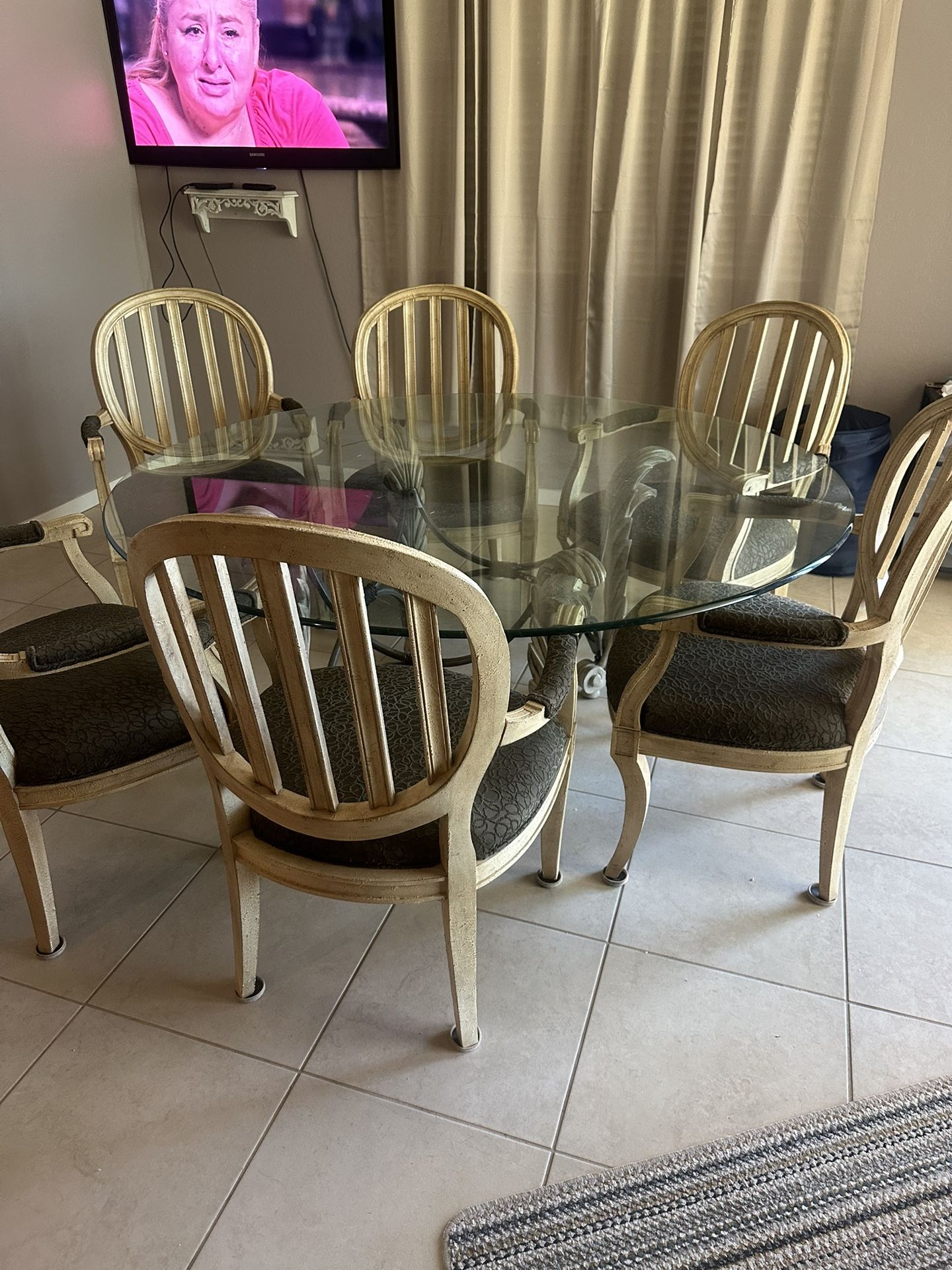Sturdy 6 Chair Dining Set And Round Heavy Thick Glass