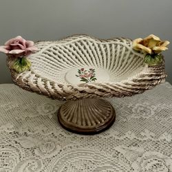 Stunning Vintage CAPODIMONTE Lattice Pedestal Dish  Hand Painted-Made in Italy