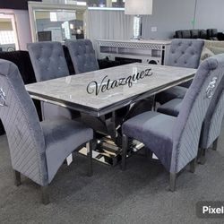 ✅️✅️ Dining Table with Marble Tabletop + 6 chairs  (Light Gray color)✅️✅️       