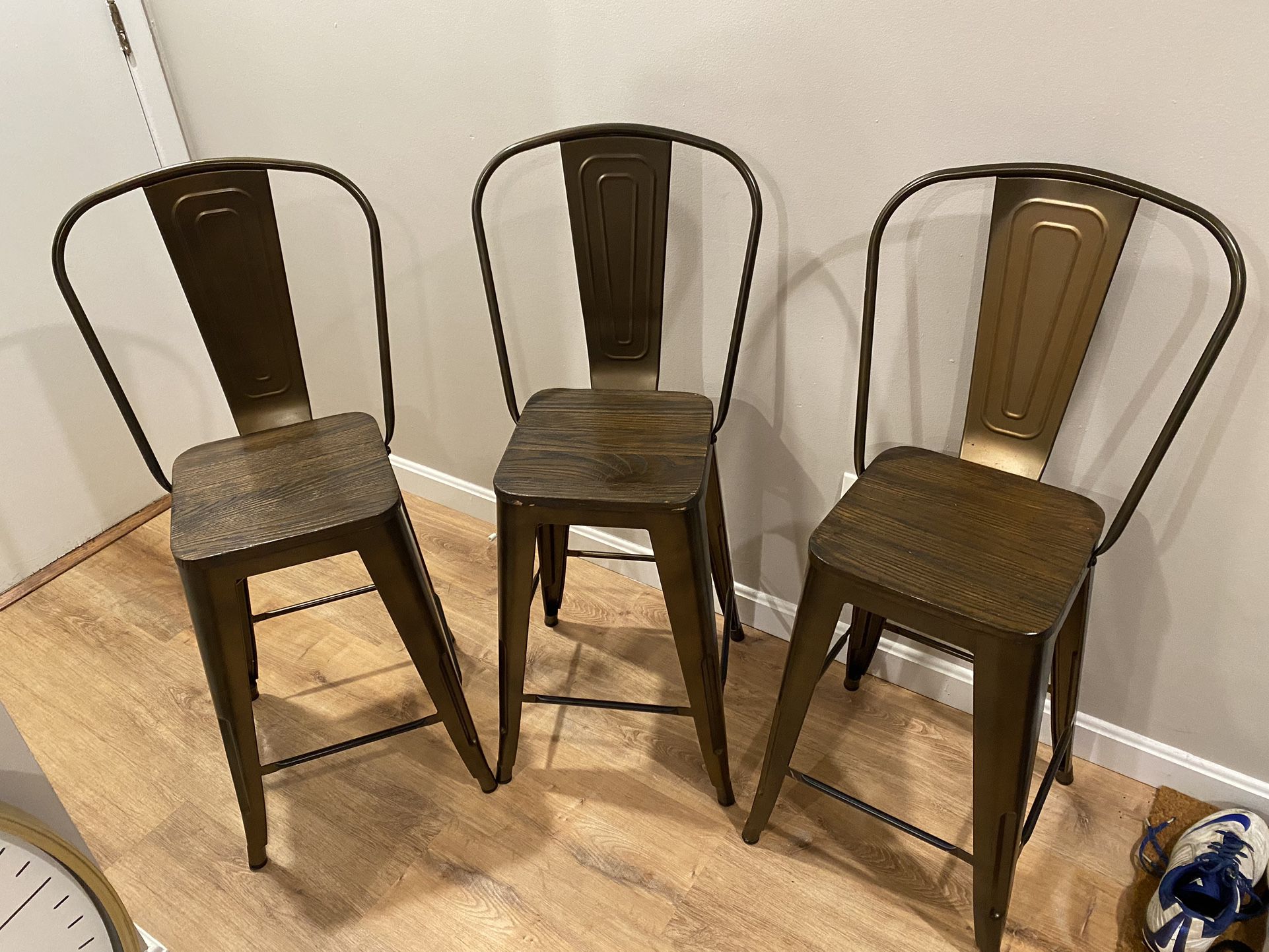 Set Of 3 Gold / Bronze Barstools With Back Support