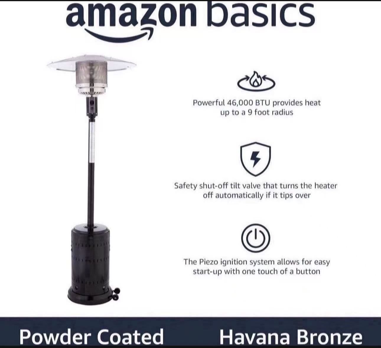 Amazon Basics 46,000 BTU Outdoor Propane Patio Heater with Wheels, Commercial & Residential, Havana Bronze, with Water Tank, 32.1 x 32.1 x 91.3 inches