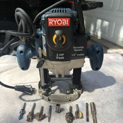 Like New-RYOBI 10 Amp 2 HP Plunge Base Router- RE180PL1G -1/2” & 1/4” Collets, Bits, Wrench